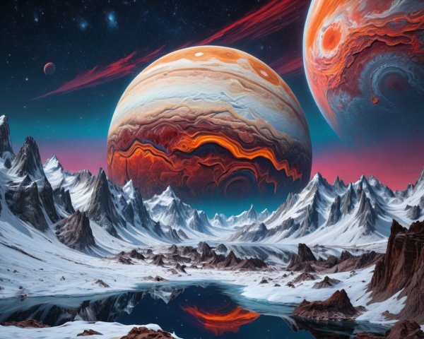 Alien Landscape with Snow-Capped Mountains and Lake