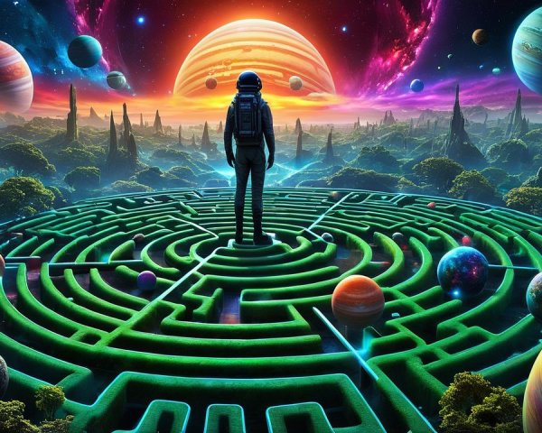 Astronaut in a Glowing Maze with Cosmic Background