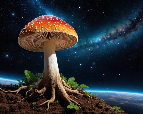 Oversized orange mushroom in cosmic galaxy backdrop