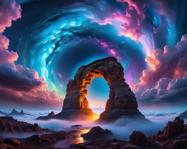 Rock Arch Against Cosmic Sky with Vibrant Colors