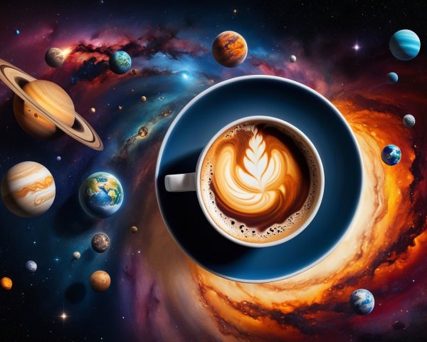 Floating Coffee Cup with Cosmic Background Art