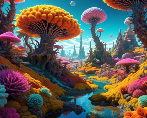 Vibrant Alien Landscape with Colorful Flora and River