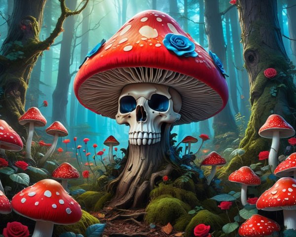 Giant Red Mushroom and Skull in Mystical Forest Scene
