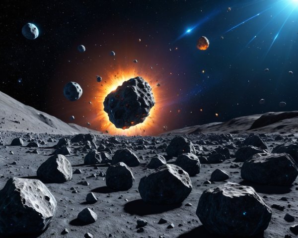 Cosmic Scene with Lunar Landscape and Asteroids