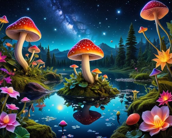 Magical Landscape with Vibrant Mushrooms and Lake