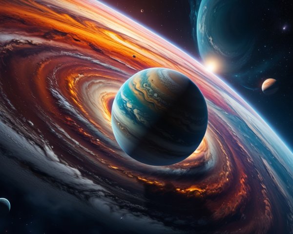 Swirling Galaxy with Vibrant Colors and Massive Planet