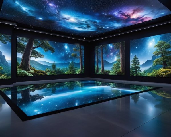 Futuristic room with vibrant screens and serene landscapes