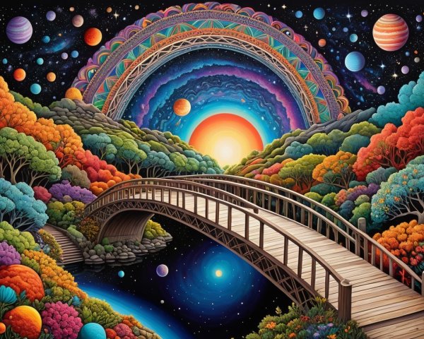 Landscape with Wooden Bridge Over Cosmic River