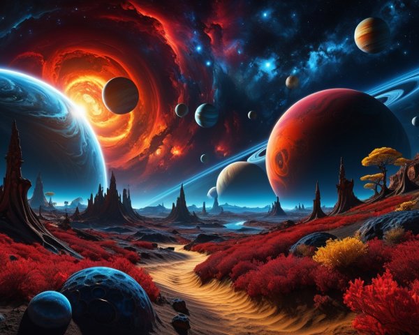 Vibrant Cosmic Landscape with Planets and Alien Terrain