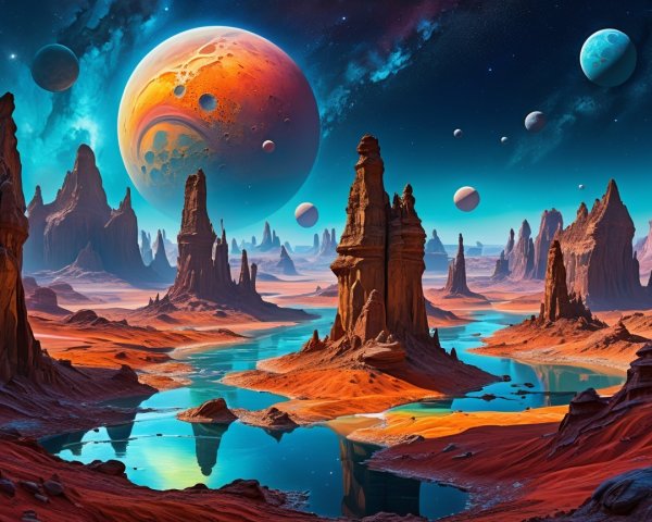 Alien Landscape with Rock Formations and Celestial Bodies