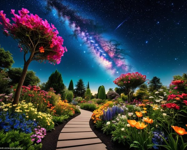 Vibrant Garden Pathway Under Starry Night Sky