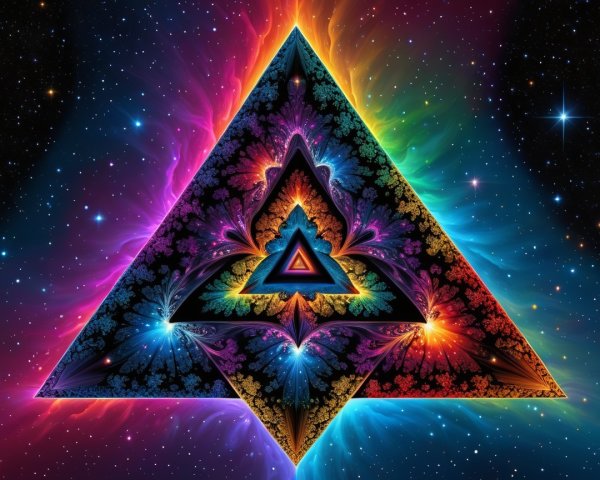 Vibrant Neon Fractal Pyramid in Starry Cosmic Scene