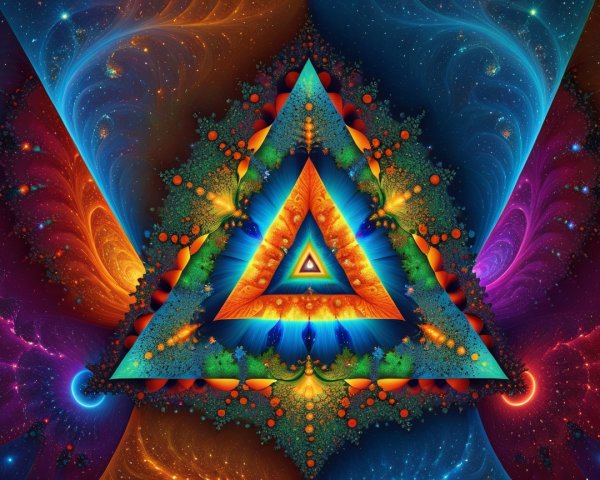 Vibrant Digital Artwork with Geometric Triangle and Fractals