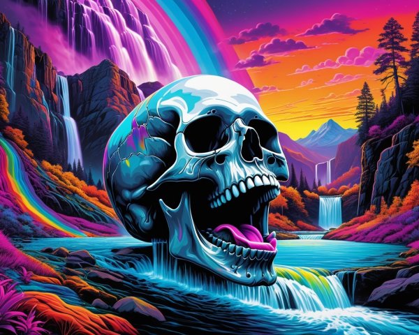 Vibrant Skull Scene with Waterfalls and Sunset