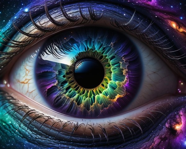 Close-up of a colorful, cosmic-themed eye iris