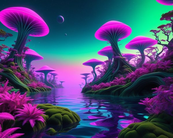 Surreal Landscape with Luminescent Mushrooms and Water