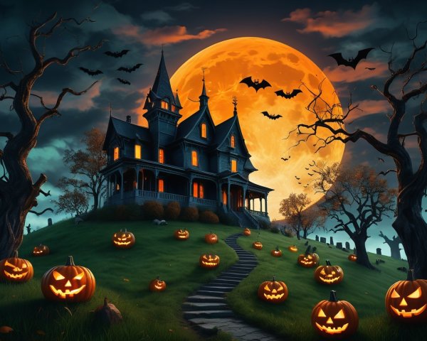 Haunted Halloween Landscape with Moon and Jack-o'-lanterns
