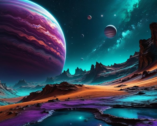 Alien Landscape with Multicolored Sky and Mountains