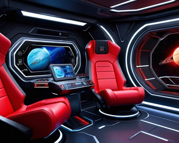 Futuristic Cockpit with Red Chairs and Space View