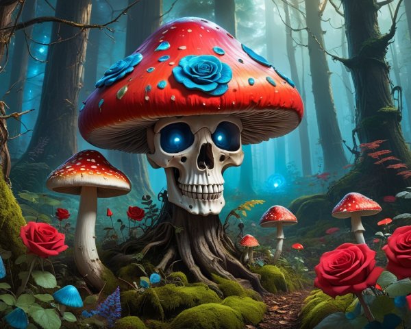 Giant Red-Capped Mushroom Surrounded by Eerie Elements