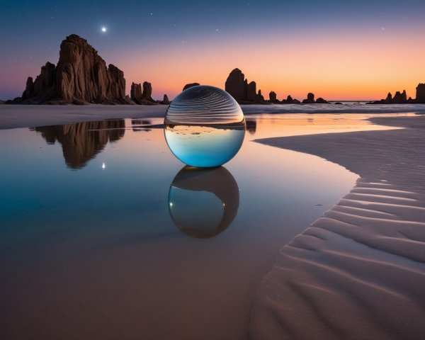 Twilight Beach Scene with Reflective Glass Orb