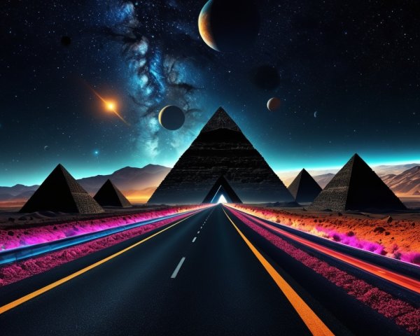 Surreal Landscape with Pyramids and Starry Sky