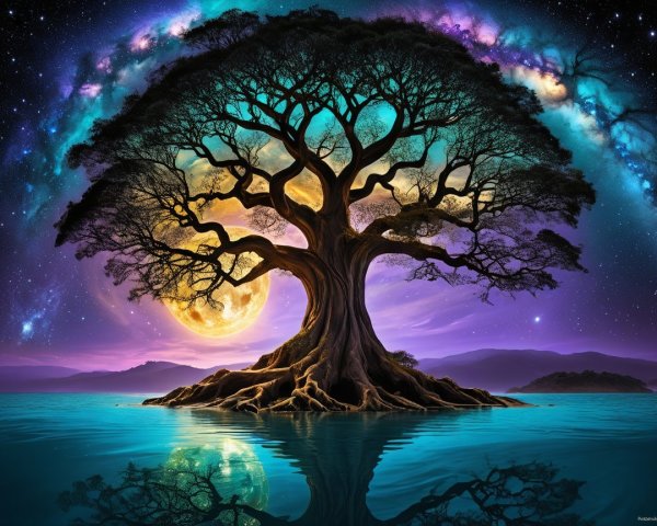 Majestic tree by tranquil water under a starry sky