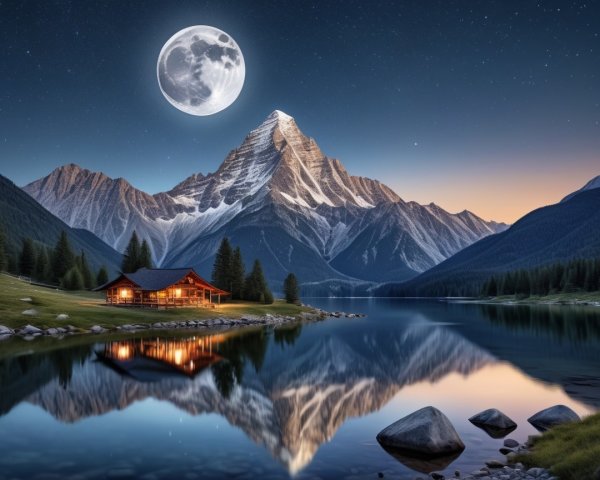 Mountain Landscape with Full Moon and Reflective Lake