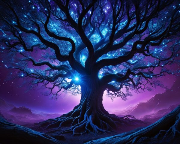 Majestic tree with cosmic hues in surreal landscape