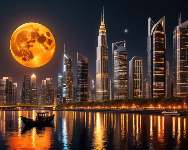 Cityscape at Night with Orange Full Moon and Skyscrapers