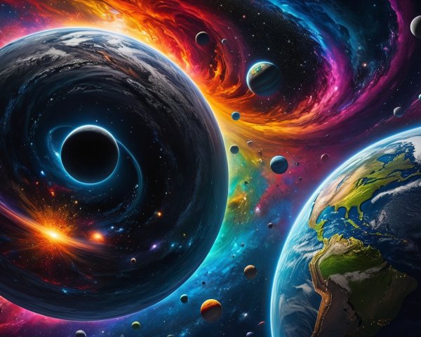 Vibrant Cosmic Scene with Galaxy and Black Hole