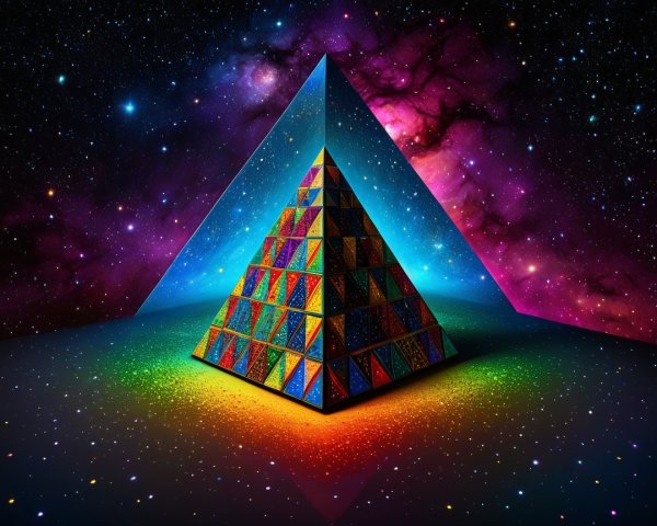 Colorful Pyramid Against Cosmic Galaxy Backdrop