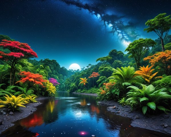 Tranquil River in Vibrant Jungle Under Moonlight