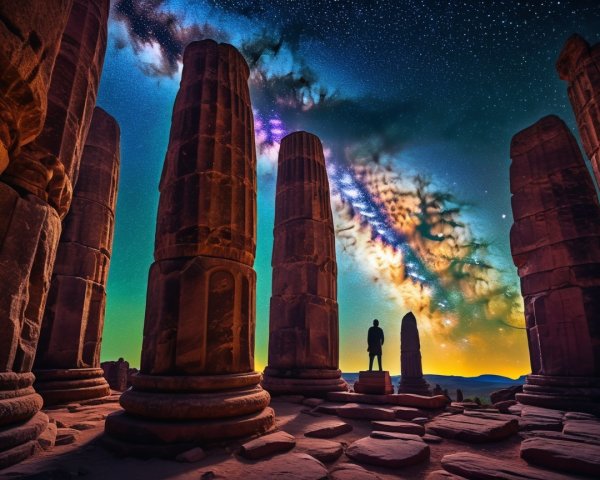 Ancient Stone Columns Under a Starry Night Sky
