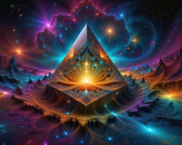 Surreal Landscape with Radiant Pyramid and Cosmic Background
