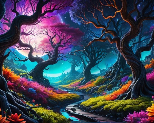 Vibrant Otherworldly Forest Under Cosmic Sky