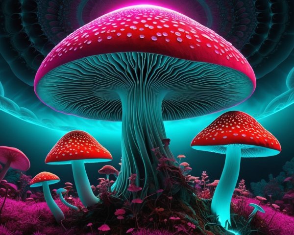 Surreal Landscape with Glowing Red-Capped Mushrooms