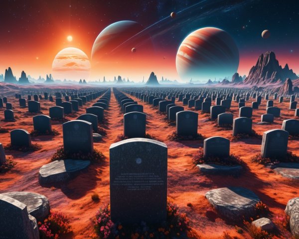 Surreal Graveyard Landscape with Cosmic Backdrop