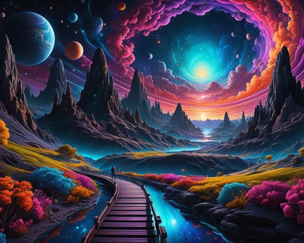Surreal Landscape with Cosmic Backdrop and River