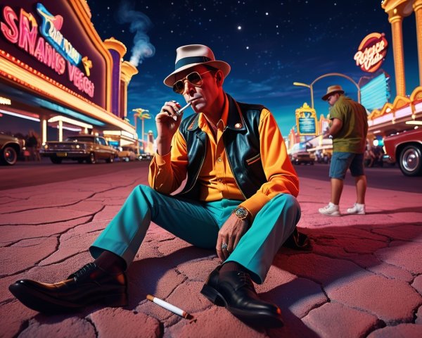 Stylish Man in Neon-Lit Las Vegas Street Scene