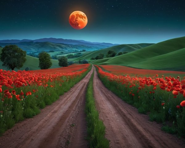 Serene Landscape with Poppy Flowers and Full Moon
