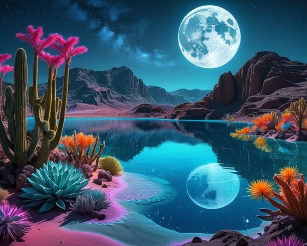 Surreal Landscape with Moonlit Lake and Colorful Flora