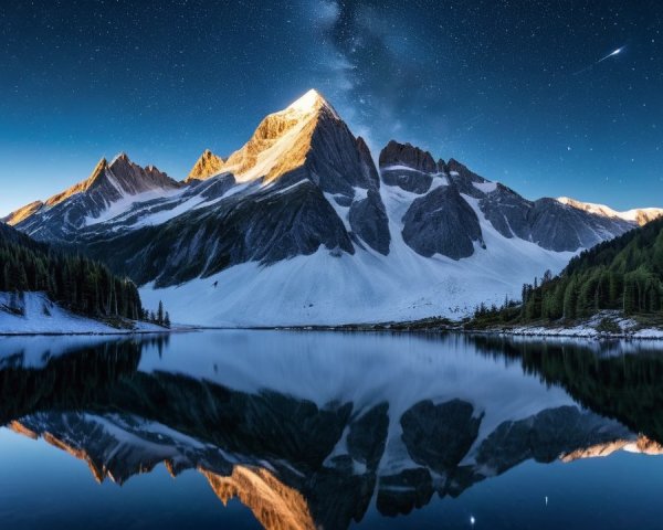 Mountain Landscape with Starry Sky and Calm Lake