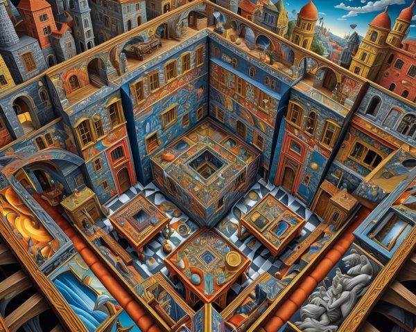 Intricate Multi-Level Architectural Scene with Murals