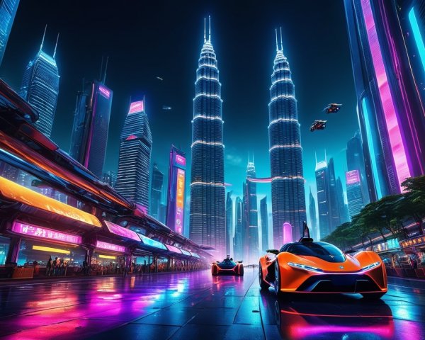 Futuristic cityscape with neon lights and skyscrapers
