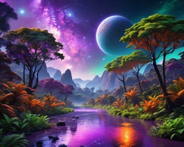 Vibrant Alien Landscape with Serene River and Trees