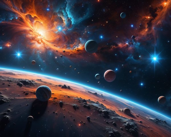Vibrant Cosmic Scene with Nebulae and Planets
