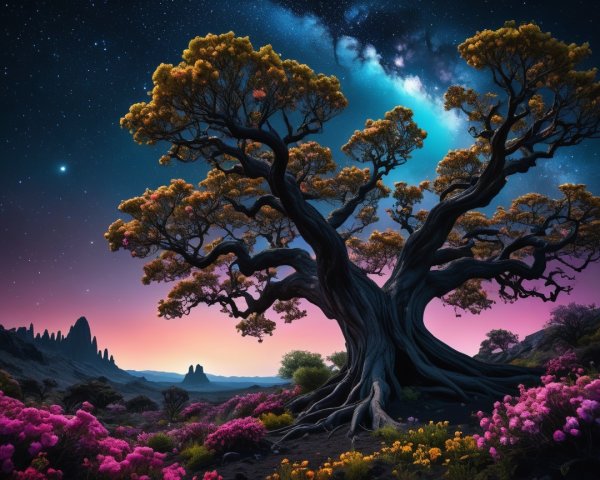 Gnarled tree with flowers under a twilight galaxy sky