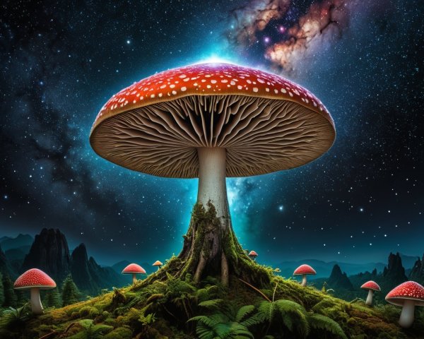 Oversized Red Mushroom in Surreal Night Landscape