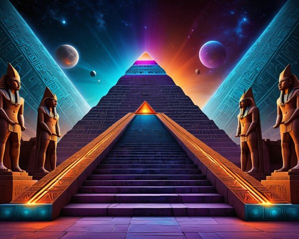 Grand Pyramid with Cosmic Scene and Hieroglyphics
